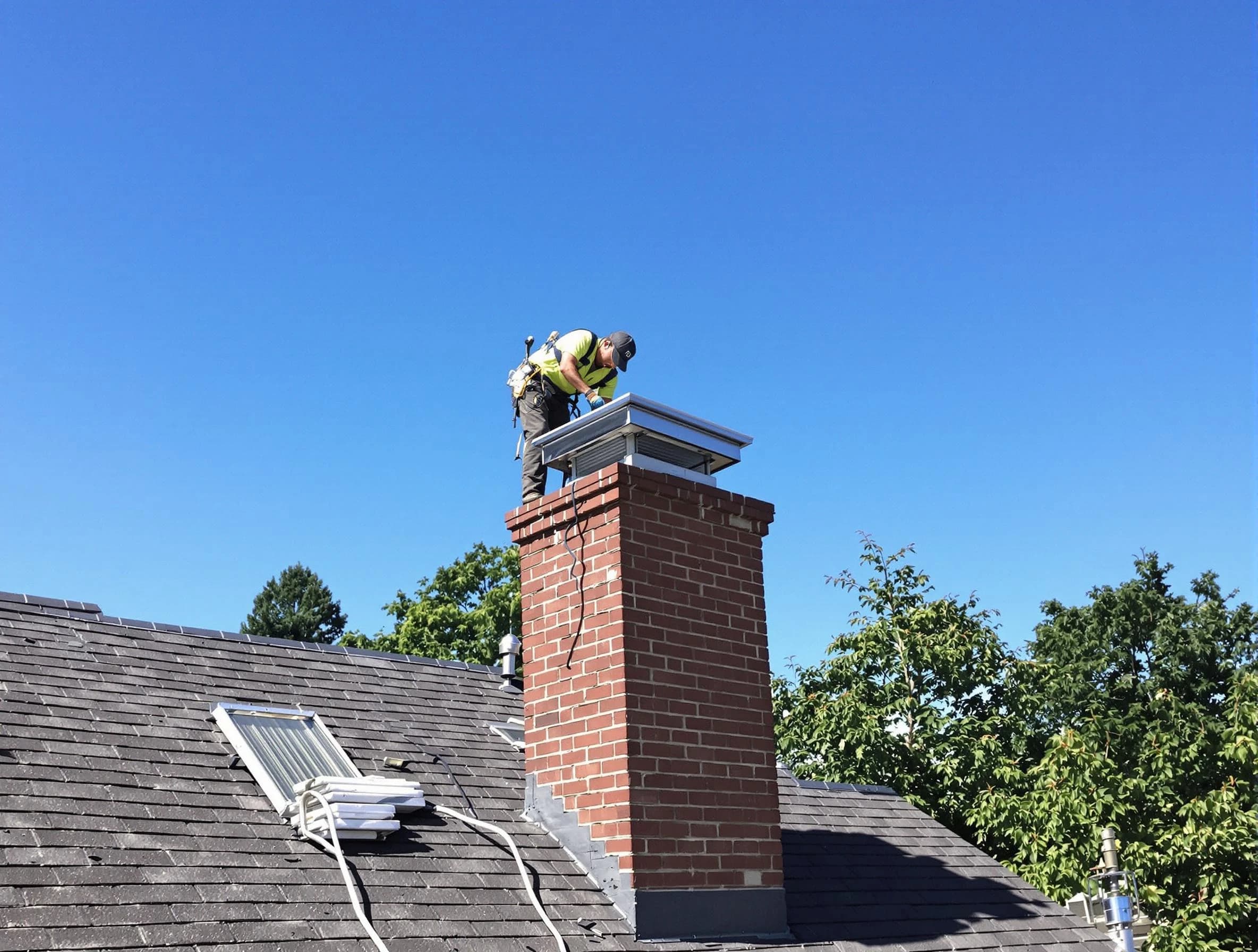 Providence Chimney Sweep technician measuring a chimney cap in Providence, RI